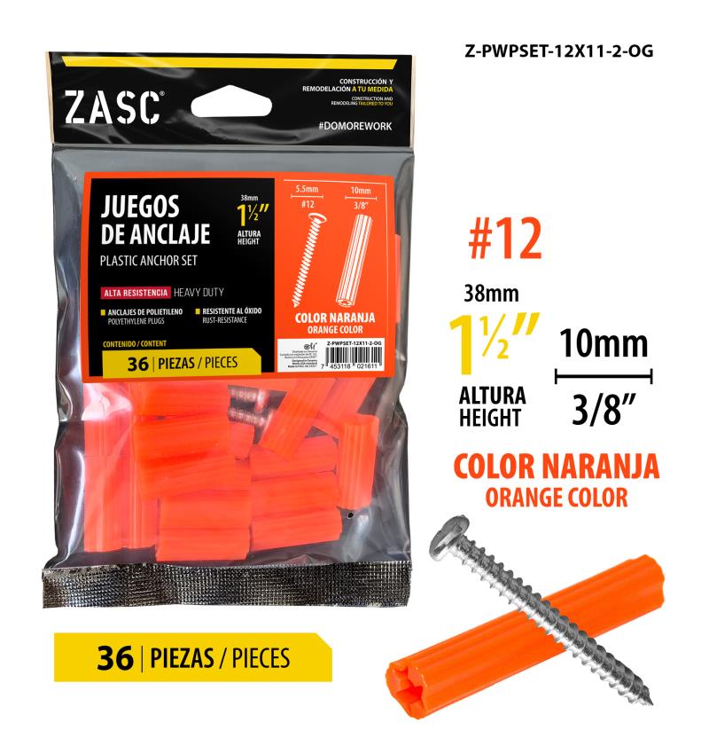 SET DE RAMPLUG Y TORNILLO 3/8X1-1/2 #12- COLOR NARANJA UNID ZASC
