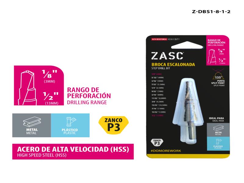 BROCA ESCALONADA - 1/8" - 1/2" HSS METAL-PLASTICO UNID ZASC