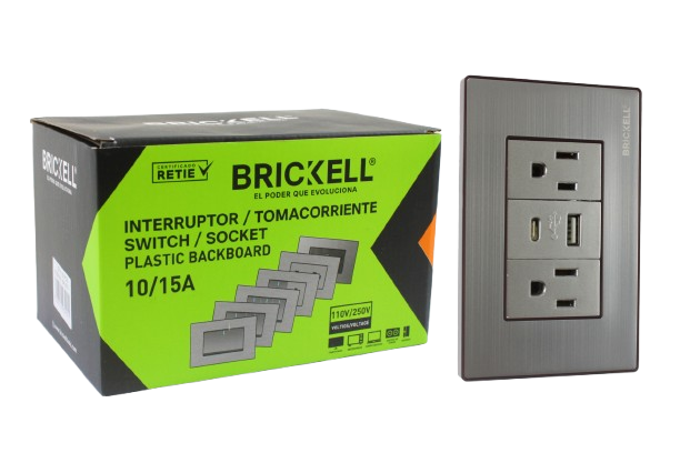 TOMACORRIENTE DOBLE PLATEADO + ENTRADA USB Y TIPO C UNID BRICKELL