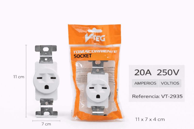 TOMA CORRIENTE SENCILLO CHINO 20A BLANCO 250V UNID V-TEG