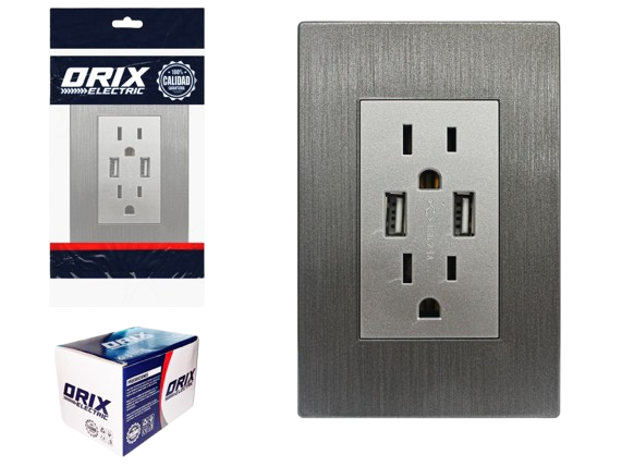TOMA CORRIENTE DOBLE CON PUERTO USB GRIS UNID ORIX