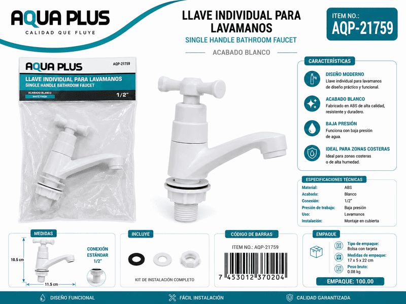 LLAVE PARA LAVAMANOS PVC BLANCA UNID AQUA PLUS