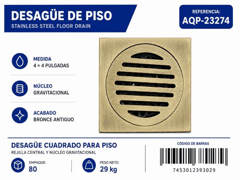 REJILLA CENTRO PISO DE ACERO 4X4" BRONCE UNID AQUA PLUS