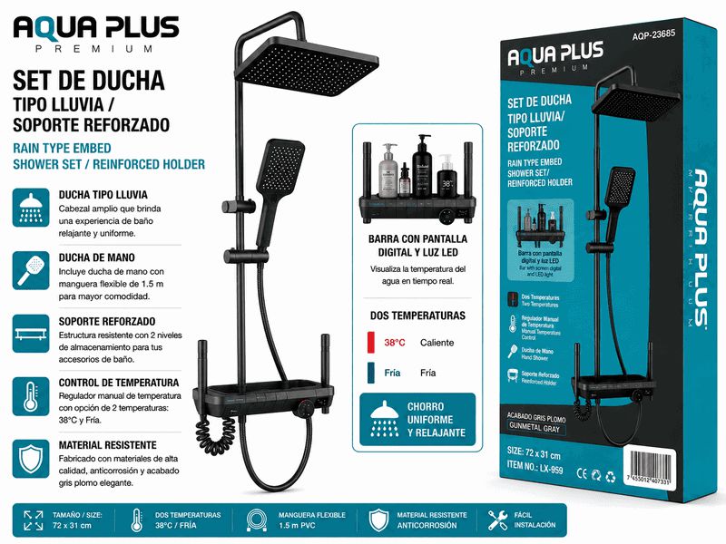 SET DE DUCHA INTELIGENTE ACERO (72x31cm) UNID AQUA PLUS