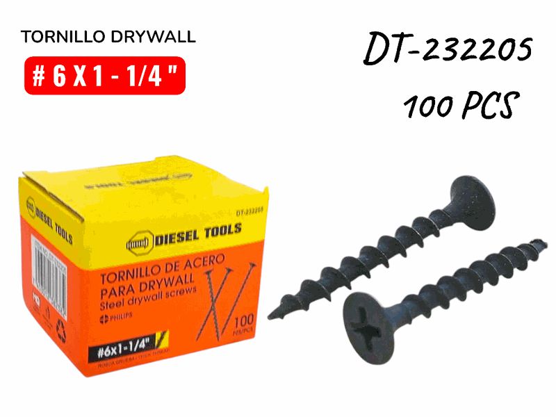 TORNILLO DRYWALL #6X1 1/4" ROSCA GRUESA 100PZAS UNID DIESEL
