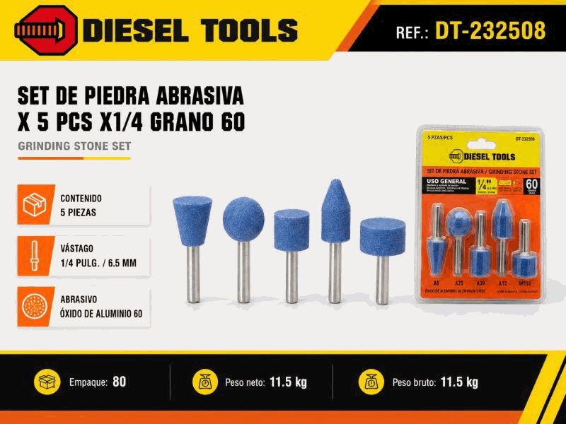 SET DE FRESAS PIEDRA ABRASIVA X 5 PCS X1/4 GRANO 60 UNID DIESEL