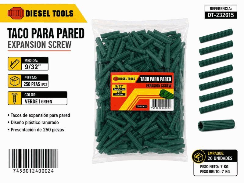 RAMPLUG PLASTICO VERDE (9/32X2" X 250 PCS) UNID DIESEL