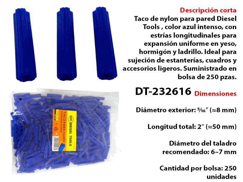 RMAPLUG PLASTICO AZUL (5/16X1.5" X 250 PCS) UNID DIESEL TOOLS