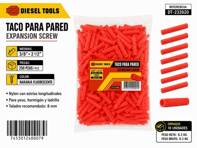 RAMPLUG PLASTICO NARANJA (3/8X2.5" X 250 PCS) UNID DIESEL
