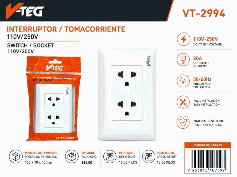 TOMA CORRIENTE DOBLE 15A 110-250V UNID V-TEG