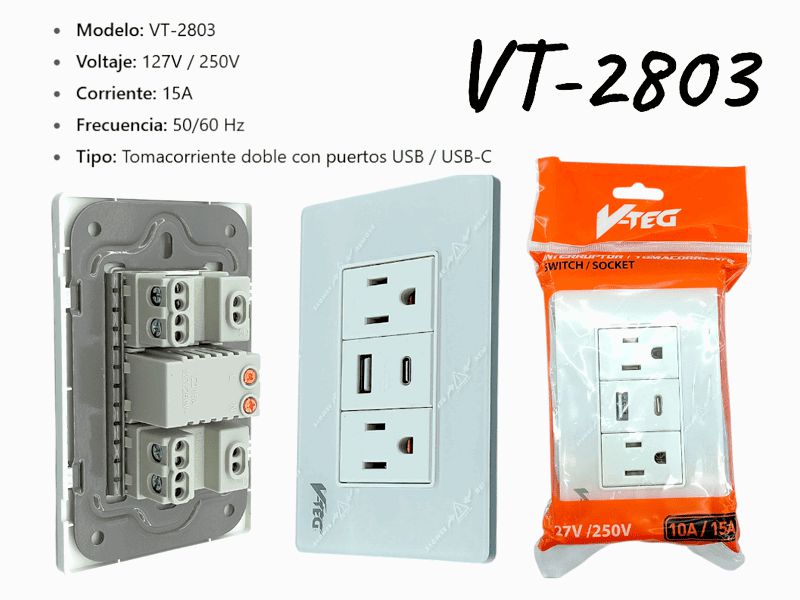 TOMA CORRIENTE DOBLE CON USB Y TYPE-C BLANCO ACRILICO UNID V-TEG