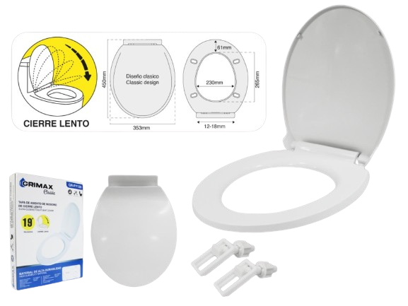 ASIENTO DE INODORO 19" PLASTICO BLANCO CIERRE LENTO UNID GRIMAX