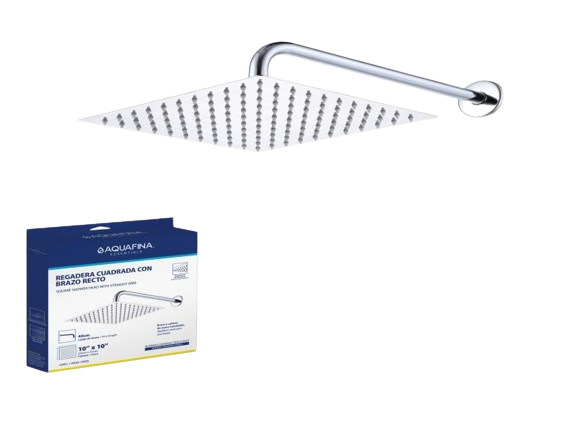 REGADERA CUADRADA 10" CON BRAZO RECTO 40CM CROMADO ESPEJO UNID AQUAFINA