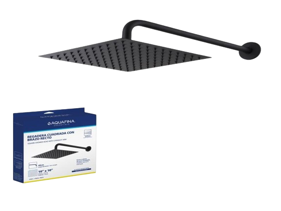 REGADERA CUADRADA 10" CON BRAZO RECTO 40CM NEGRO MATE UNID AQUAFINA