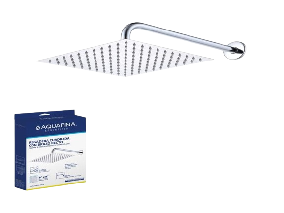 REGADERA CUADRADA 8" C/BRAZO RECTO 40CM CROMADO ESPEJO UNID AQUAFINA