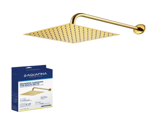 REGADERA CUADRADA 8" CON BRAZO RECTO 40CM DORADA SATIN UNID AQUAFINA