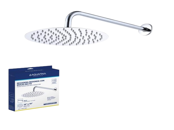 REGADERA REDONDA 10" CON BRAZO RECTO 40CM CROMADO ESPEJO UNID AQUAFINA