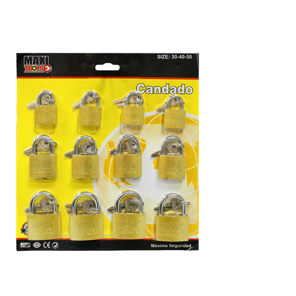 SET DE CANDADOS LATON ARCO 30x40x50CM 12 PZAS UNID MAXI TOOL