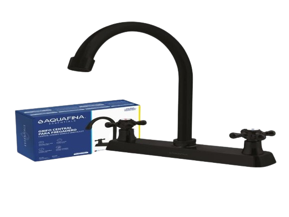 LLAVE FREGADERO CON CUELLO CURVO MANIJAS CRUZ NEGRO MATE UNID AQUAFINA
