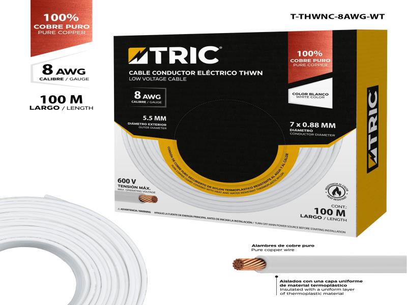 CABLE ELECTRICO THHN 8AWG 100% COBRE BLANCO 100 METROS UNID TRIC