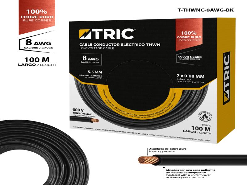 CABLE ELECTRICO THHN 8AWG 100% COBRE NEGRO 100 METROS UNID TRIC