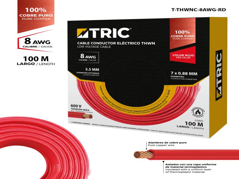 CABLE ELECTRICO THHN 8AWG 100% COBRE ROJO 100 METROS UNID TRIC