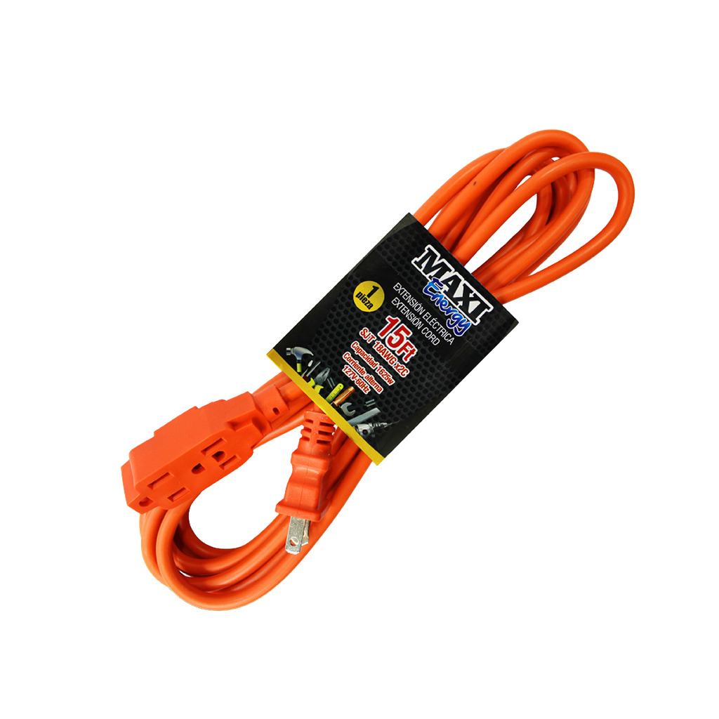 EXTENSION ELEC NARANJA 15FT 3 TOMA SJT18AWG UNID MAXI ENERGY
