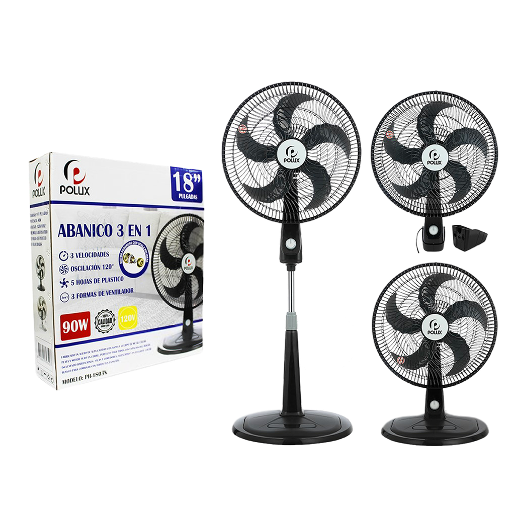 VENTILADOR NEGRO 18"x90W ASPA PLASTICO 3 EN 1 UNID POLUX