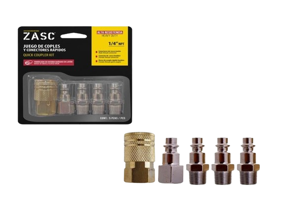 SET DE ACOPLES Y CONECTORES COMPRESOR 1/4" NPT 5 PZAS UNID ZASC