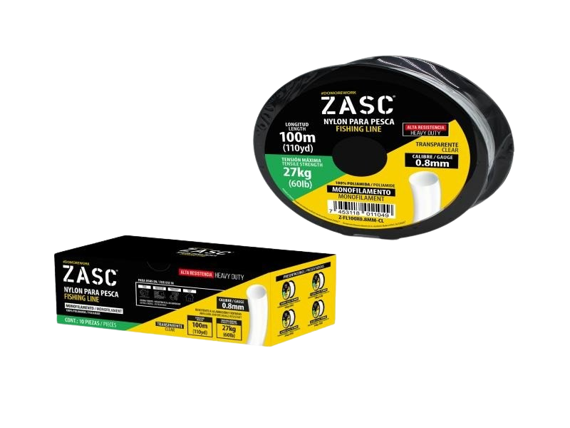 NYLON PARA PESCA CAL 0,8MMx100MTS TENSIÓN MÁX 27KG TRANSP. UNID ZASC