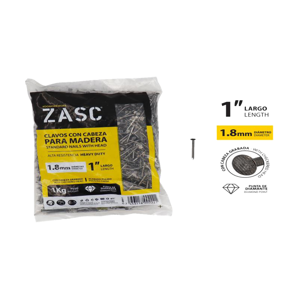 CLAVOS CON CABEZA PARA MADERA 1.8MMx1" - 1KG UNID ZASC