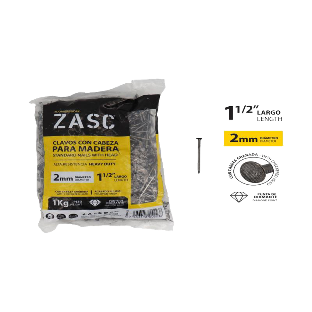 CLAVOS CON CABEZA PARA MADERA 2.0MMx1 1/2" - 1KG UNID ZASC
