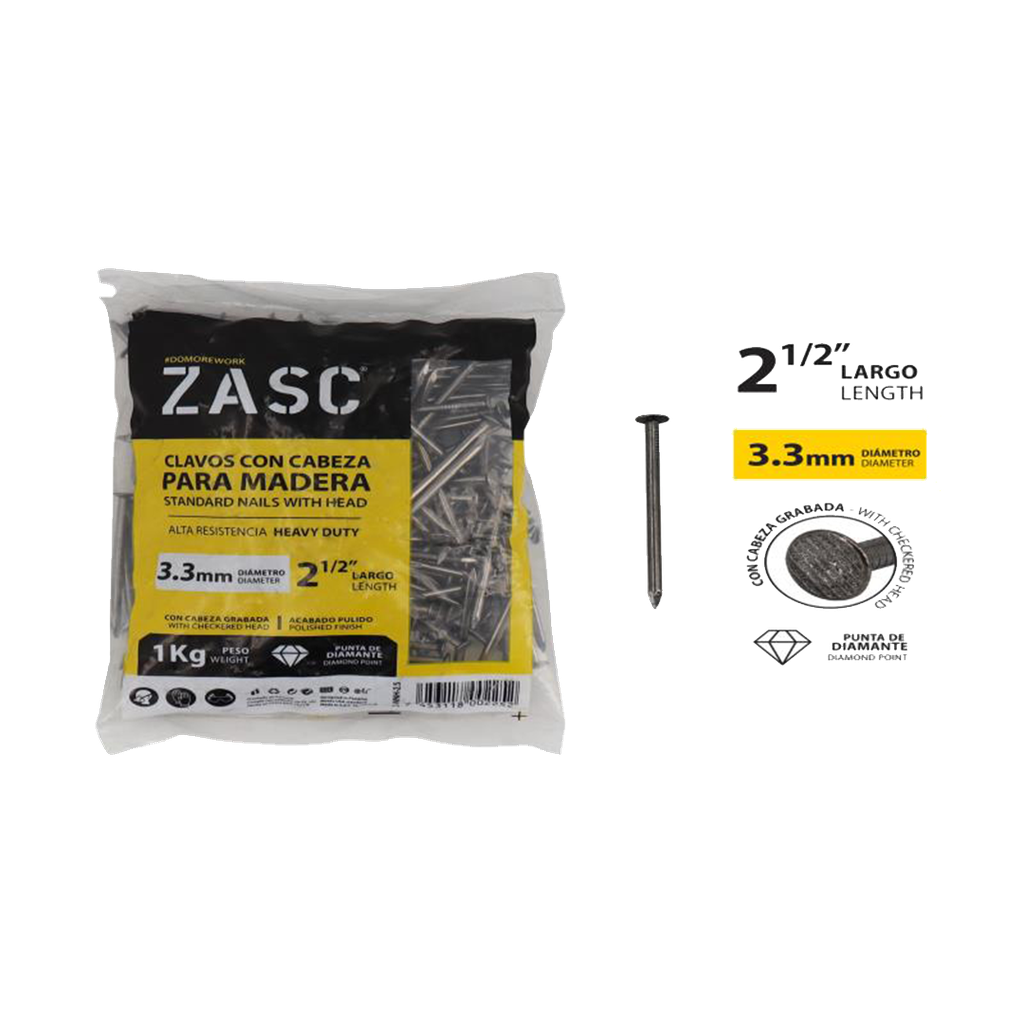 CLAVOS CON CABEZA PARA MADERA 2.6MMx2" - 1KG UNID ZASC