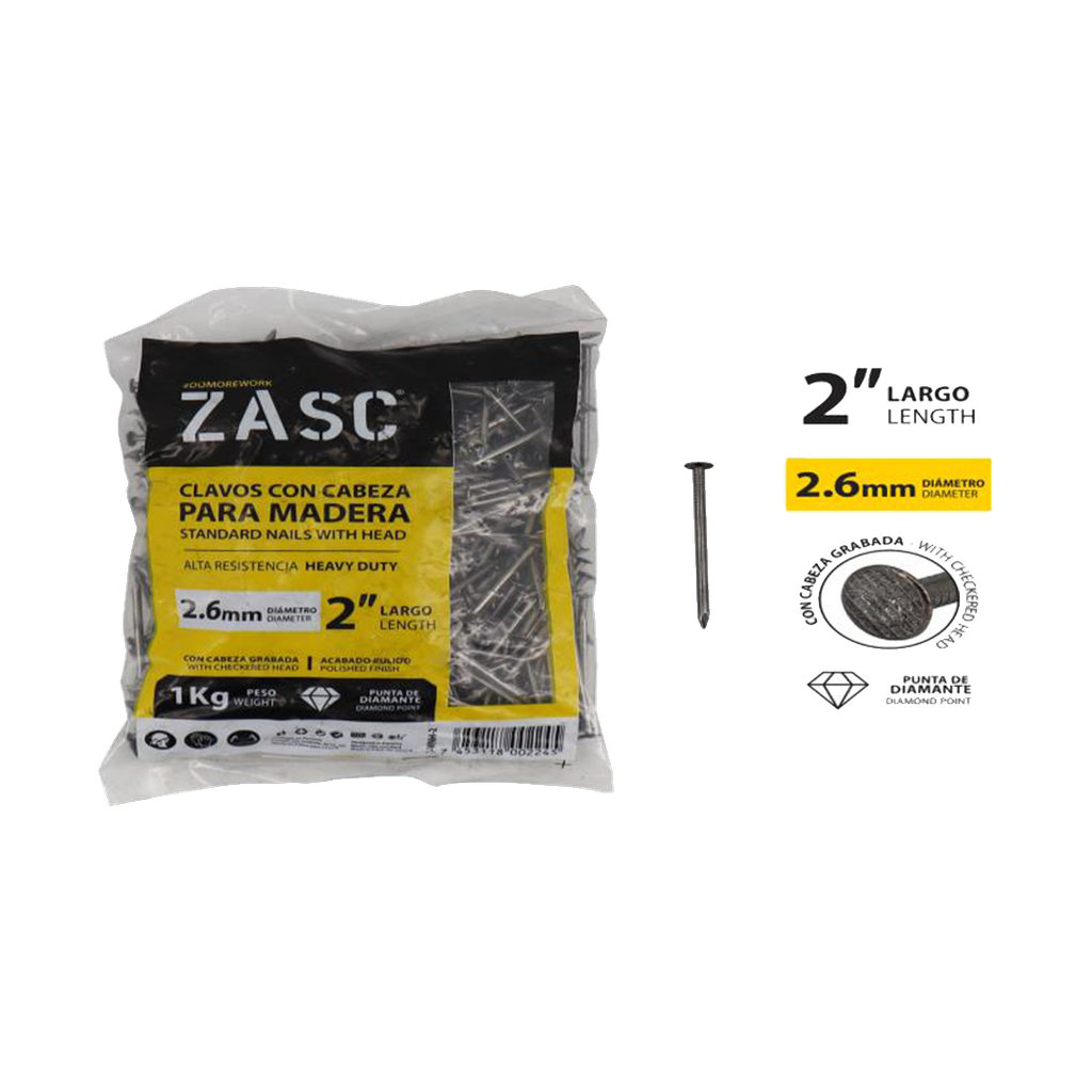 CLAVOS CON CABEZA PARA MADERA 3.3MMx2 1/2" - 1KG UNID ZASC