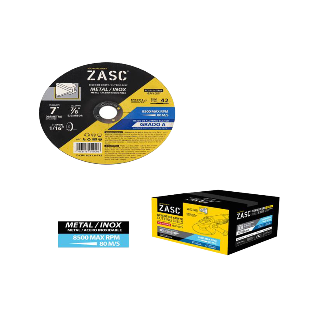 DISCO DE CORTE METAL FINO 7"X1/16" T42 (CONCOVO) UNID ZASC