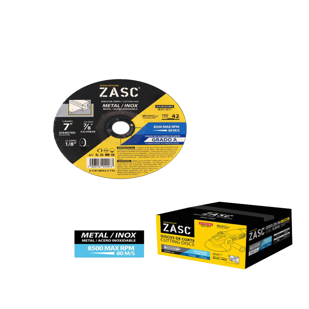 DISCO DE CORTE METAL GRUESO 7"x1/8" G=1,8" T42 (CONCOVO) UNID ZASC