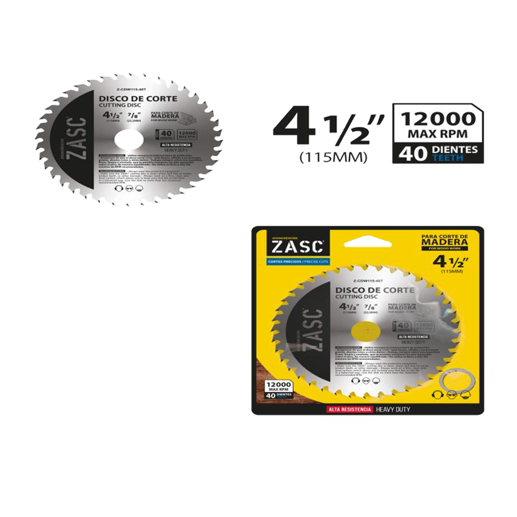 DISCO PARA CORTE DE MADERA 4 1/2"x7/8" 40 DIENTES UNID ZASC