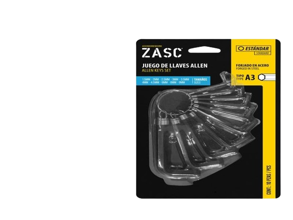 SET DE LLAVES ALLEN 10 PZAS (1.5-2-2.5-3-3.5-4-4.5-6-8-9 MM) UNID ZASC