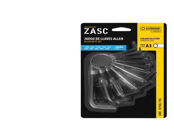 SET DE LLAVES ALLEN 10 PZAS (1.5-2-2.5-3-3.5-4-5-6-8-10MM) UNID ZASC