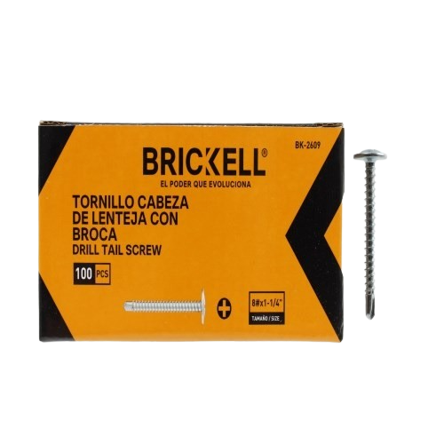 TORNILLO CABEZA DE LENTEJA PUNTA BROCA DE 8 X 1 1/4" - 100 PZAS UNID BRICKELL
